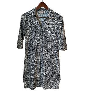 Jude Connally  Half Button Shirt Dress, XS. Navy Paisley Preppy